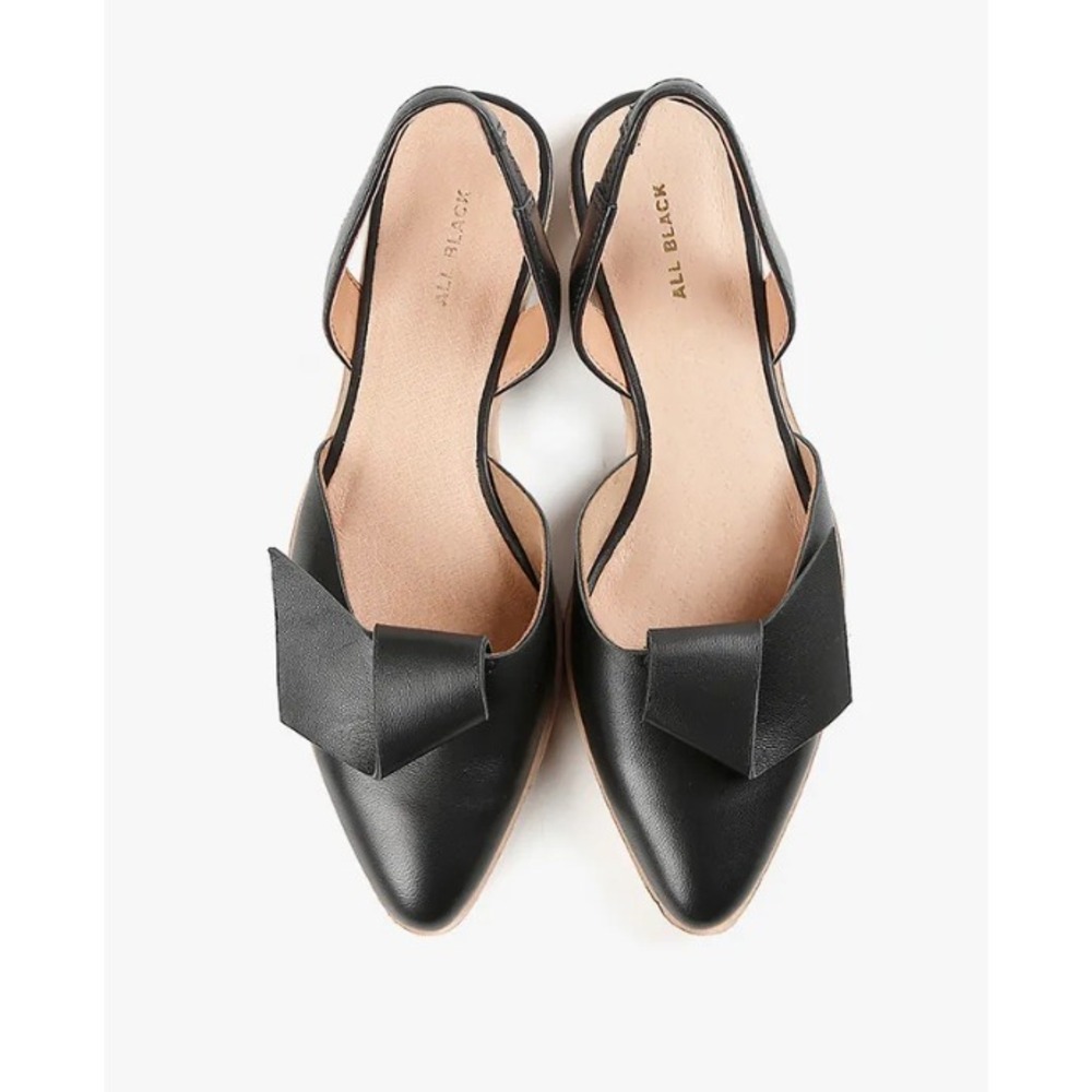 ALL BLACK Leather Flat Bow Slingback Black Pointed Toe Balletcore size 38.5 / 8
